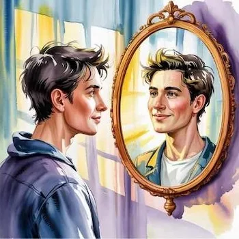 A young man in watercolor style gazes into a bright mirror, seeing his confident reflection — representing Neville Goddard’s teaching that the outer world mirrors one’s inner faith.