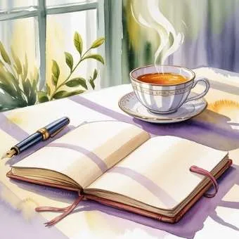 Soft-lit workspace with open journal and tea, symbolizing choosing positive thoughts as part of the I Am Success Declaration practic.