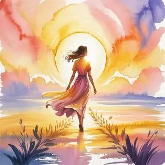 Woman walking into sunrise representing faith, peace, and completion of lottery manifestation meditation.