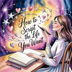 Illustration of a woman journaling with glowing hearts and stars, representing how to script the life you want through manifestation writing