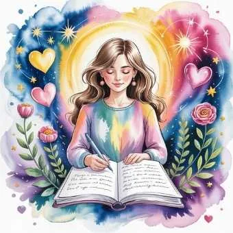 Woman writing in her journal surrounded by symbols of love and abundance — watercolor illustration of how to script the life you want step by step