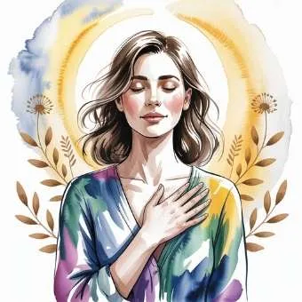 Woman with hand over heart surrounded by warm light, illustrating the I Am Success Declaration and the power of identity-based affirmations.