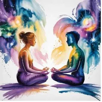 Man and woman meditating face to face surrounded by colorful energy light, symbolizing harmony, peace, and focus in lottery manifestation meditation.