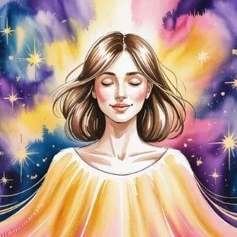 Peaceful woman with eyes closed, glowing in radiant light and stars — representing inner stillness, imagination, and the Living in the End manifestation journey.