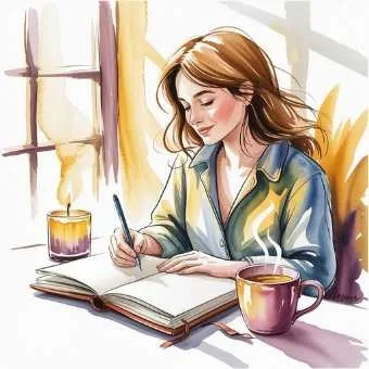 Woman journaling with peaceful focus, visualizing her dream life - Living in the End manifestation practice.