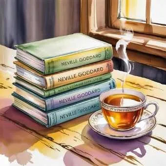 Stack of Neville Goddard books beside a warm cup of tea — continued learning about Living in the End manifestation.