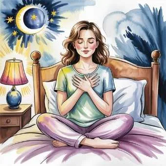 Woman meditating before sleep, visualizing her wish fulfilled — Living in the End manifestation method.