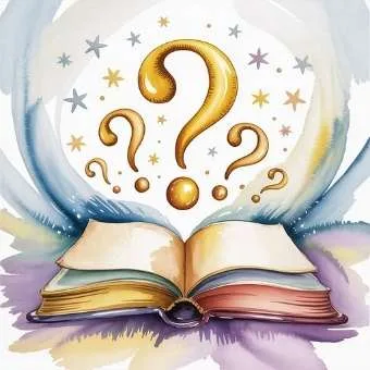 Glowing journal with floating stars and question marks representing Q&A guidance about lottery manifestation meditation