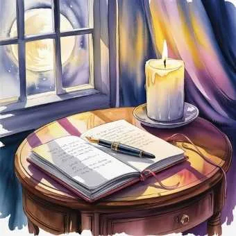 Open journal under moonlight with candle - watercolor scene showing how to script the life you want as a peaceful daily ritua