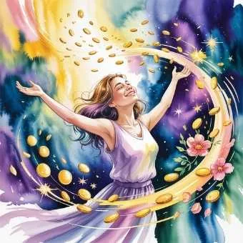 Joyful woman surrounded by golden light and abundance — watercolor illustration of scripting money, abundance, and how to script the life you want financially