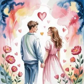 Romantic watercolor illustration of a loving couple with floating hearts — showing how to script the life you want in the area of love and relationships