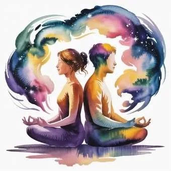 Man and woman meditating back to back surrounded by flowing cosmic energy, symbolizing spiritual alignment and connection in lottery manifestation meditation.