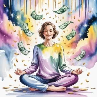 Smiling woman meditating as golden coins and dollar bills float around her, symbolizing abundance and joyful energy in lottery manifestation meditation.