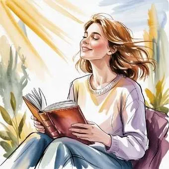 Watercolor scene of a woman at sunrise choosing what to carry forward during her year end life audit.