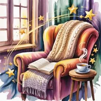 Cozy watercolor scene with an armchair, blanket, open journal, and warm tea by the window — a peaceful space for a year end life audit and gentle reflection.