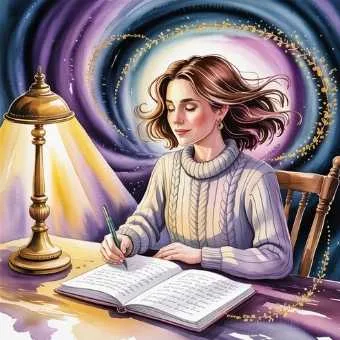 Watercolor illustration of a woman journaling in the evening, reflecting on her year for a year end life audit