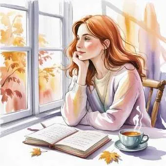 Watercolor illustration of a woman reflecting gently on her year during a year end life audit.