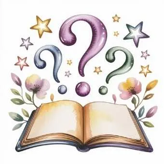 Watercolor illustration of an open journal with colorful question marks and stars, representing the Q&A section of a year end life audit.