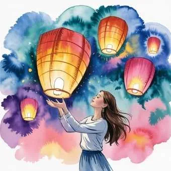 Watercolor illustration of a woman releasing lanterns to symbolize letting go during a year end life audit.