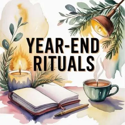 Watercolor illustration of year-end rituals with an open journal, candle, warm light and greenery.