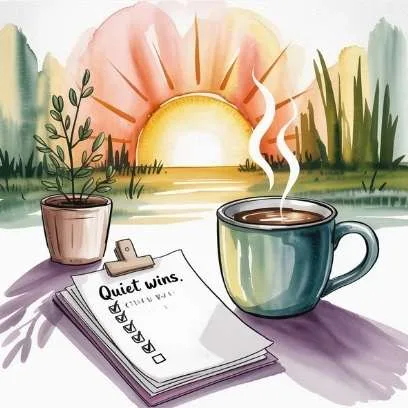 Watercolor illustration of a Quiet Wins checklist with a warm sunrise, coffee and small plant.