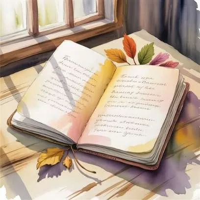 Watercolor illustration of an open journal by a window with autumn leaves, symbolizing year-end reflection.