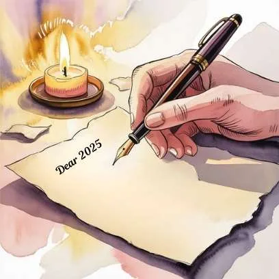 Watercolor illustration of hands writing a Dear 2025 letter beside a candle, representing the release ritual.