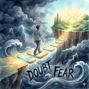 A glowing bridge crossing a stormy sea, symbolizing the trust required during the 'Sabbath' phase of Neville Goddard New Year manifestation.