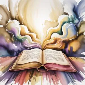 A watercolor illustration of an open book glowing with light, illustrating the Neville Goddard Christmas meaning of scripture as a psychological drama.