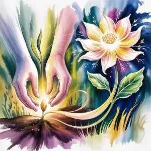 A watercolor illustration of hands planting a glowing seed that blooms into a radiant flower, representing the step-by-step process of manifesting your desires using Neville Goddard's teachings.
