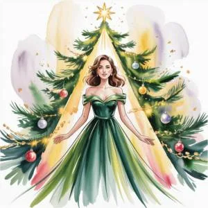 A watercolor illustration of a woman standing confidently before a glowing Christmas tree, symbolizing the Neville Goddard Christmas meaning of waking up to your divine potential.