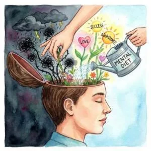 Illustration of a person tending to a garden of thoughts, representing the daily Mental Diet essential for Neville Goddard New Year manifestation.