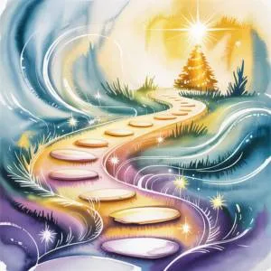 A mystical watercolor illustration of a glowing path with stepping stones leading to a bright star, symbolizing the Neville Goddard Christmas meaning of the internal spiritual journey.