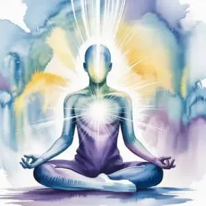 A watercolor illustration of a meditating figure with a glowing heart, representing the Neville Goddard Christmas meaning of the Virgin Birth in consciousness.