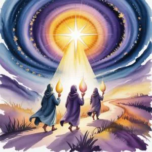 A watercolor illustration of three Wise Men following a bright star, symbolizing disciplined thoughts following the light of focus in the Neville Goddard Christmas meaning.