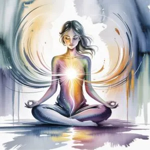 A watercolor illustration of a woman meditating with a glowing light in her heart, representing the Neville Goddard Christmas meaning of Mary as the faithful human imagination.