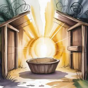 A watercolor illustration of a glowing light inside a rustic stable, representing the Neville Goddard Christmas meaning of the stable as the human mind where the miracle is born.