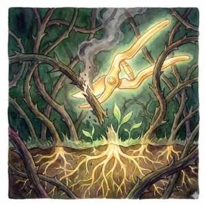 Pruning shears cutting away thorny vines, illustrating the Revision technique as the first step of your Neville Goddard New Year manifestation.