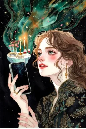 A woman looking away from her phone to visualize a romantic dinner, illustrating the Neville Goddard concept of ignoring the 3D reality when manifesting love this valentine.