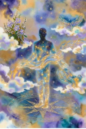 A mystical illustration of a starry human silhouette standing on a golden compass, symbolizing that you are the operant power when manifesting love this valentine.