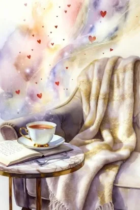 A cozy aesthetic scene with a journal, tea, and floating red hearts, visualizing the process of manifesting love this valentine.