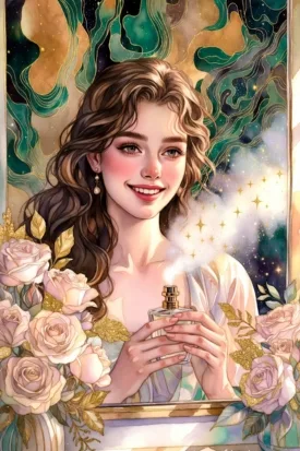 A joyful woman holding a perfume bottle surrounded by roses, illustrating the importance of self-love as the foundation for manifesting love this valentine.
