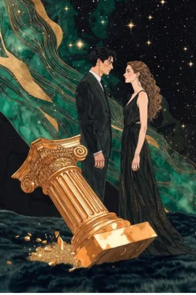 A couple standing as equals beside a toppled golden column against a starry background, symbolizing the importance of taking your specific person off the pedestal when manifesting love this valentine.