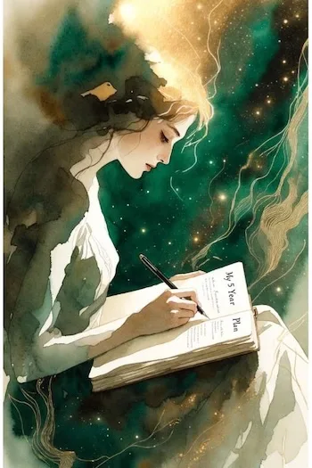 Watercolor illustration of a woman writing in a journal surrounded by emerald and gold tones, symbolizing a 5 year plan for personal growth and long-term vision.