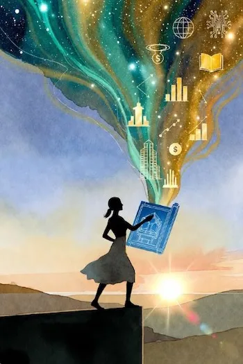 Silhouette of woman holding blueprint at sunrise with golden asset symbols flowing into emerald sky representing long-term wealth building strategy.