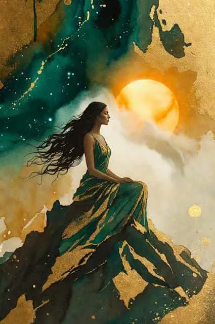 Watercolor illustration of a woman sitting calmly on a mountain under an emerald and gold sky, symbolizing how to start a 5 year plan with clarity and intention