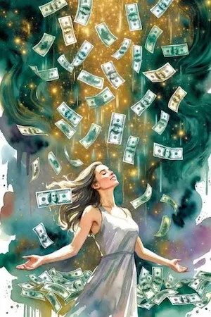 Watercolor illustration of a woman surrounded by flowing currency under an emerald and gold sky, symbolizing large-scale economic growth through long-term vision