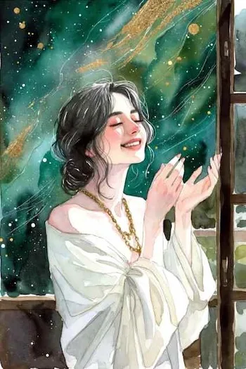 Watercolor illustration of a woman smiling peacefully under emerald and gold skies, symbolizing reflection and clarity after long-term personal growth.