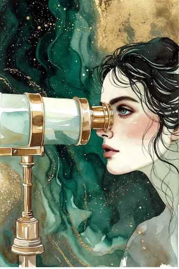 Watercolor illustration of a woman looking through a telescope against an emerald and gold background, symbolizing long-term vision and mental clarity