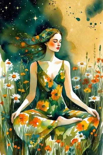 Watercolor illustration of a woman meditating in a field under emerald and gold skies, symbolizing personal growth that unfolds over years, not months.